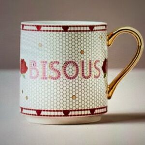 ❤️ ANTHROPOLOGIE 24k GOLD BISTRO TILE STONEWARE BISOUS COFFEE MUG NEW